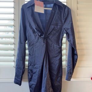 Blue Blush Twisted Front Long Sleeve Dress - Dark Blue